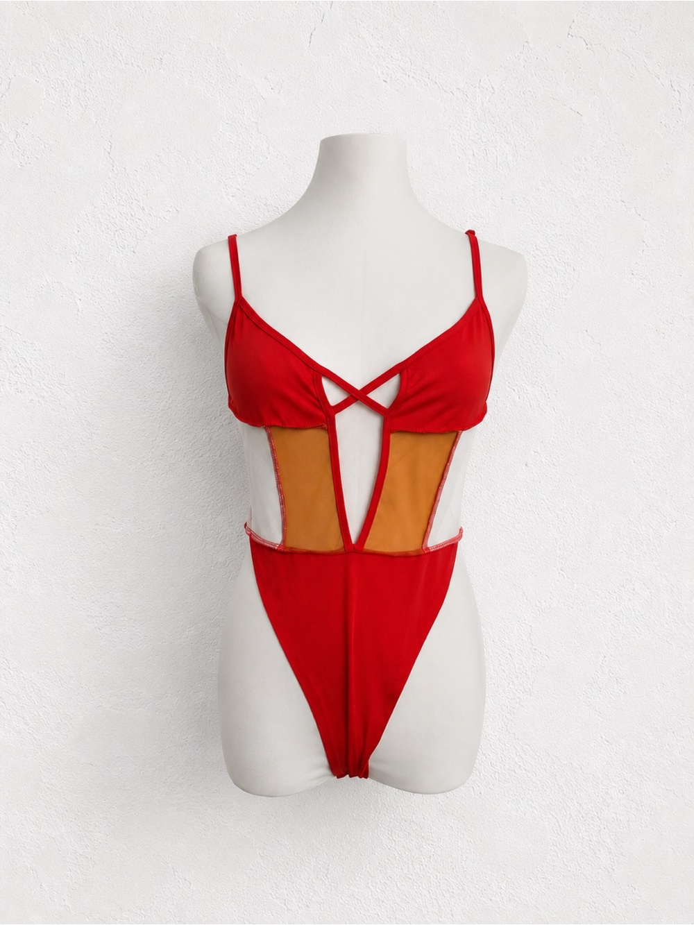 Cape Clique Red Cutout One Piece Swimsuit Mesh Panel High Cut Medium